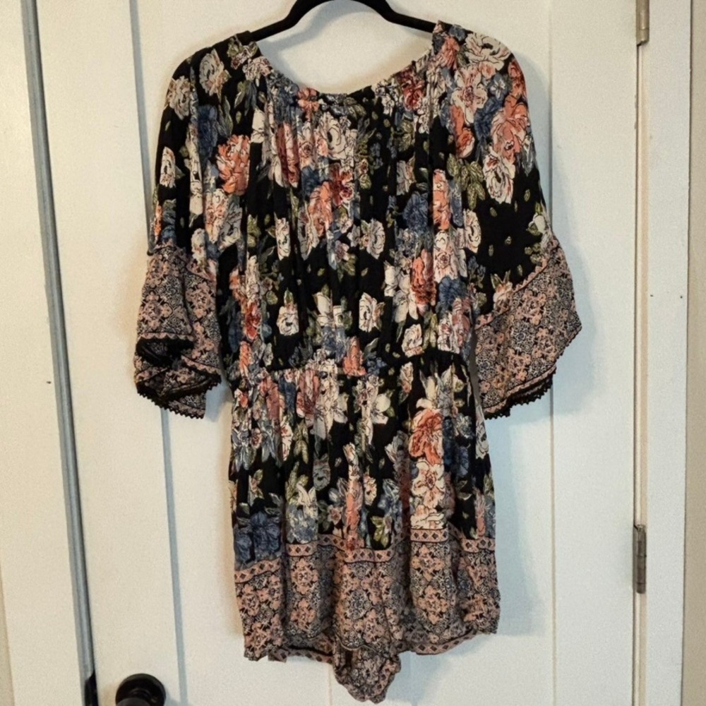 Angie Festival Floral Romper Crochet Lace Trim‎ Bell Sleeve Off Shoulder M Boho - Picture 5 of 16